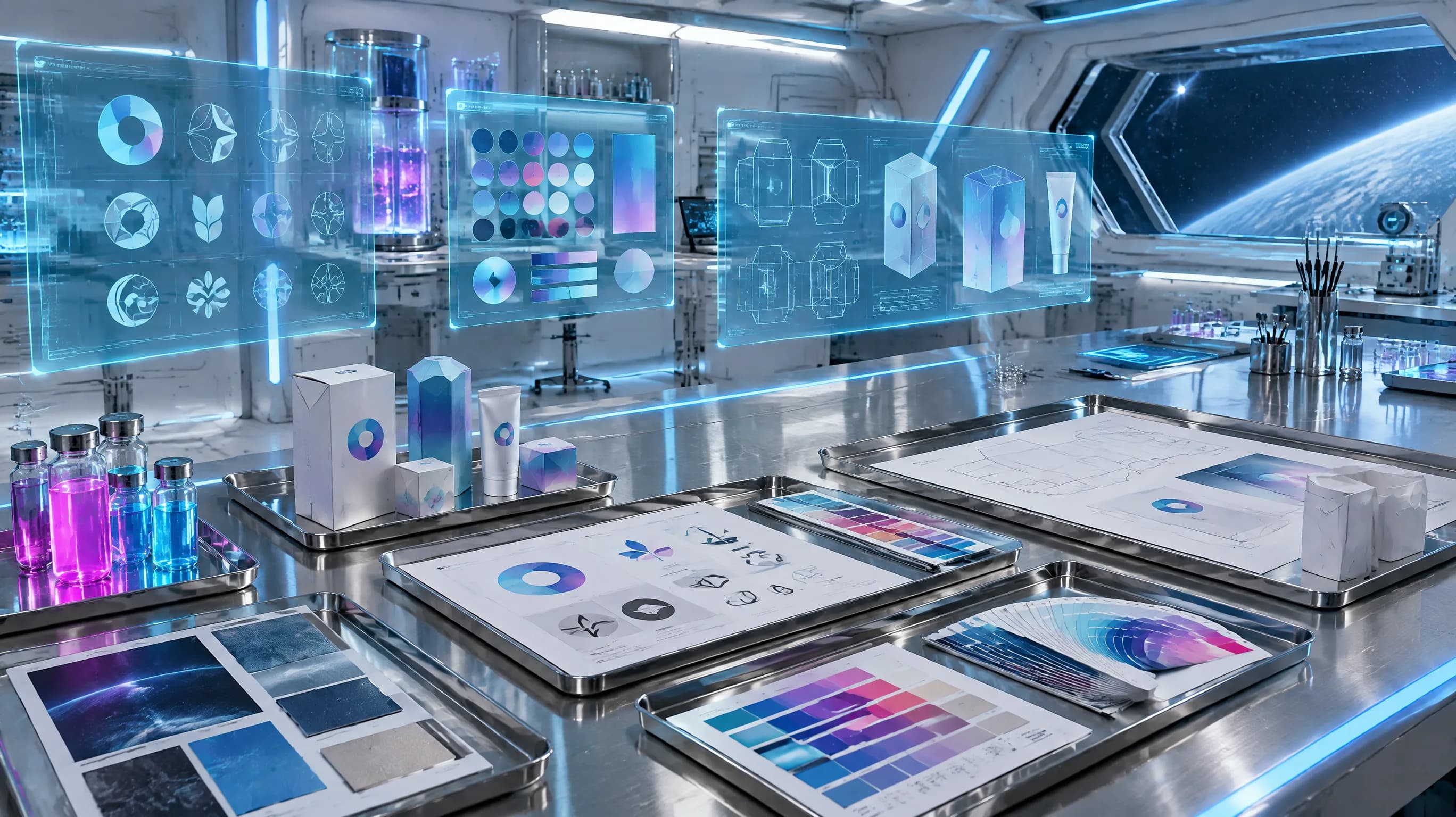 The studio as a spaceship lab: holographic logo sketches, colour palettes and packaging prototypes laid out in steel trays