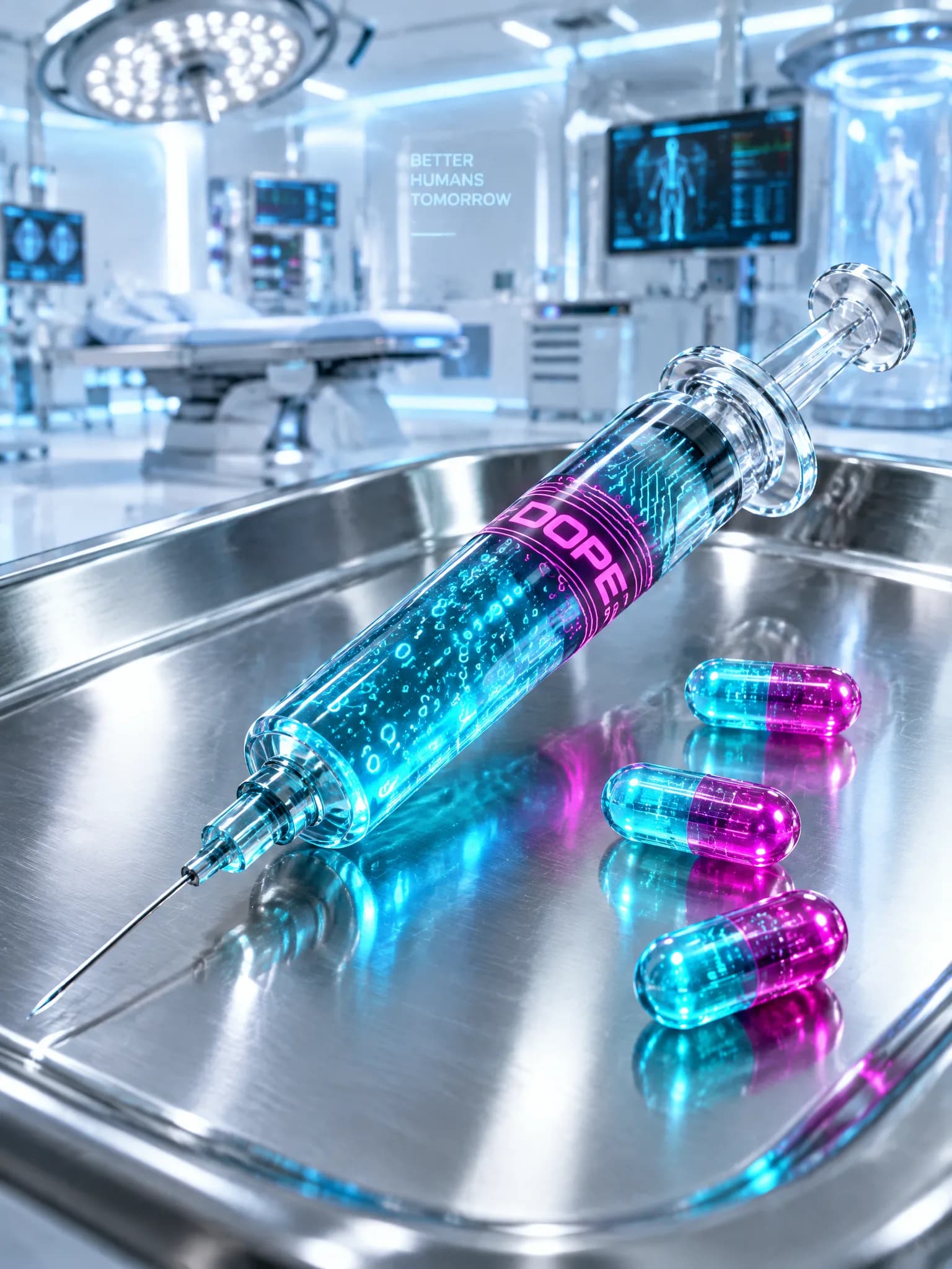 A glass syringe of glowing cyan liquid banded with the word DOPE, resting on a steel surgical tray beside magenta and cyan capsules