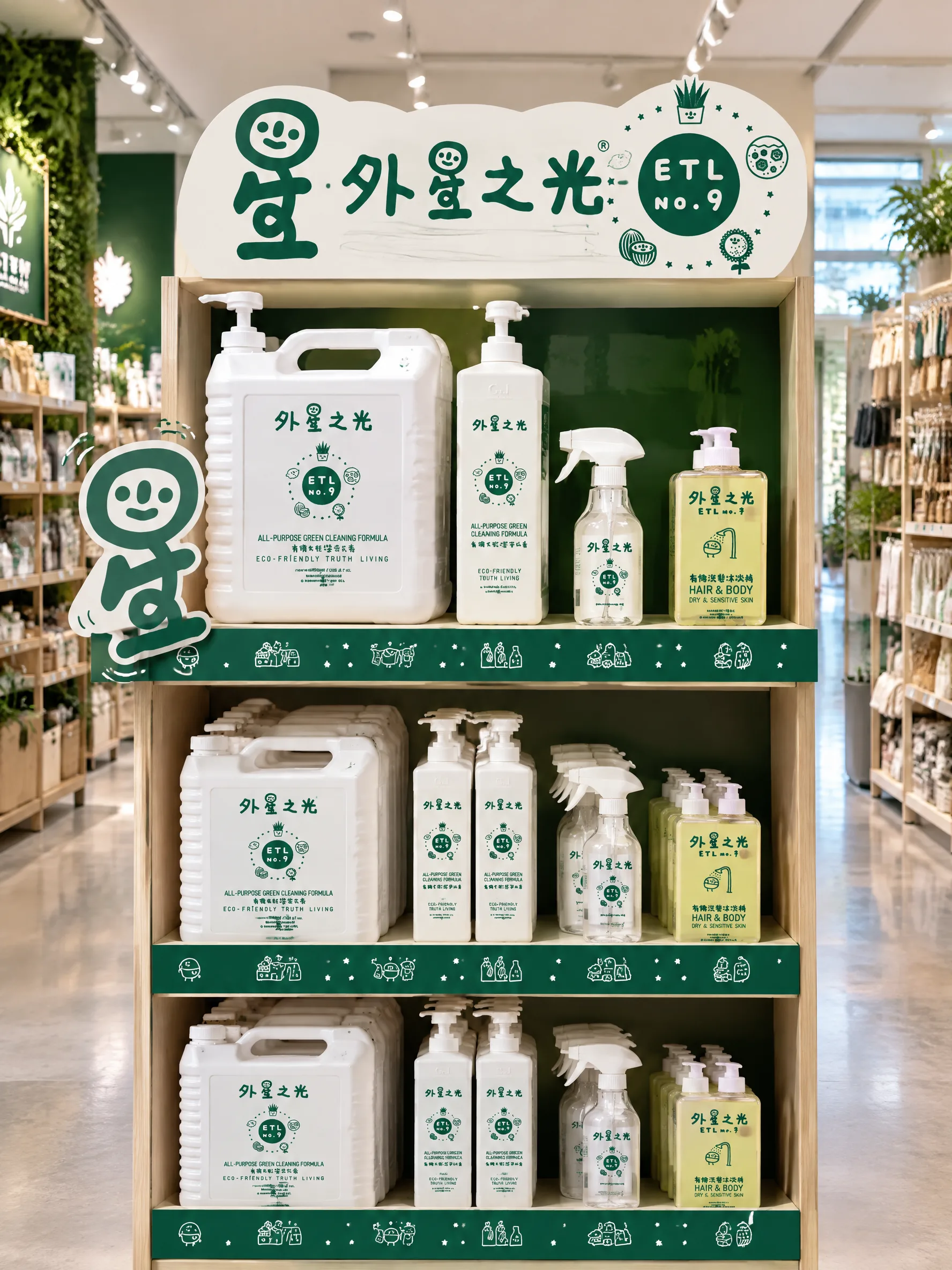 Retail end-cap with illustrated shelf strips and a mascot wobbler (concept).