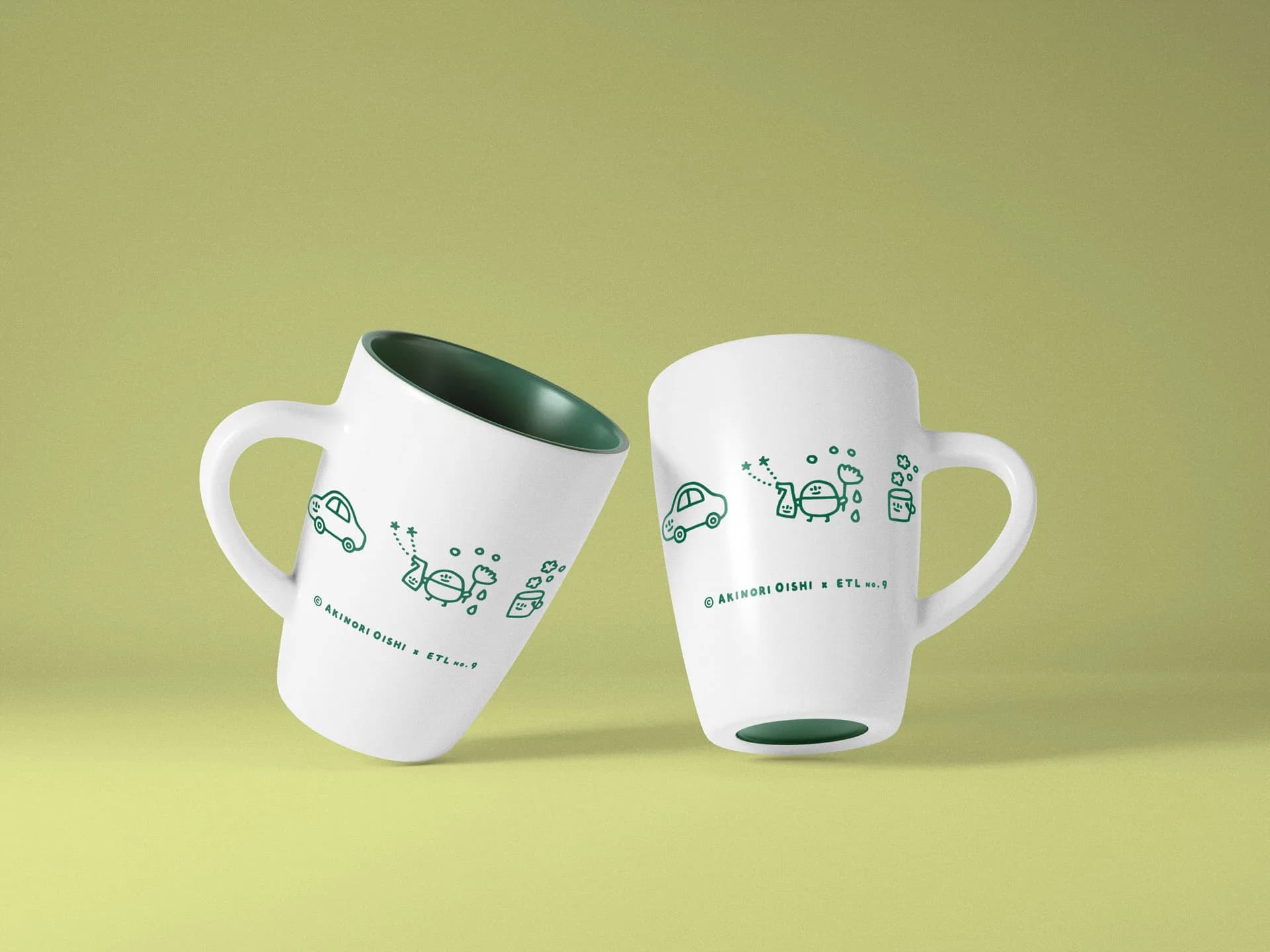 Mugs with use-case illustrations.