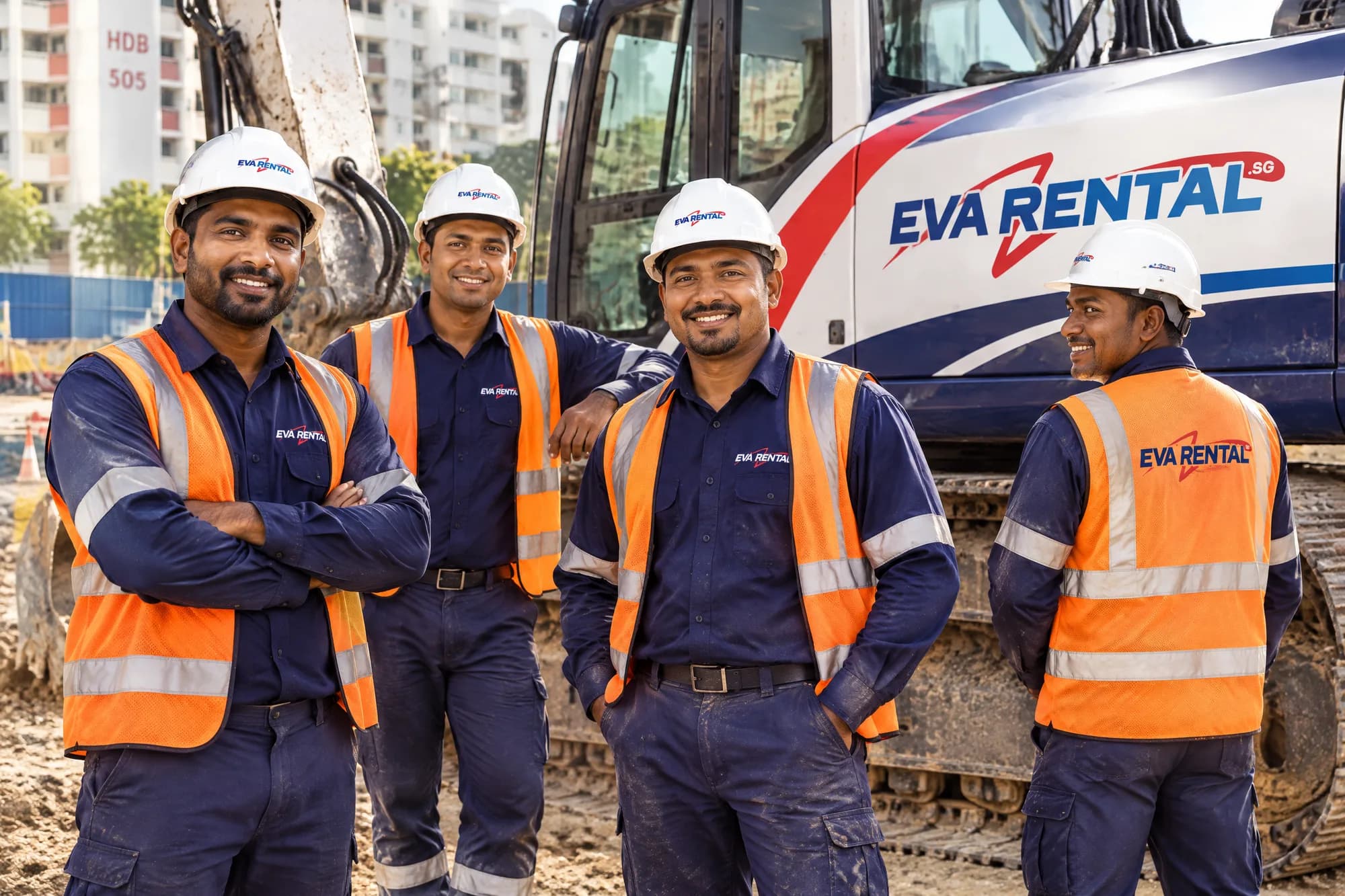 Crew workwear: shirts, hi-vis vests and hard hats.