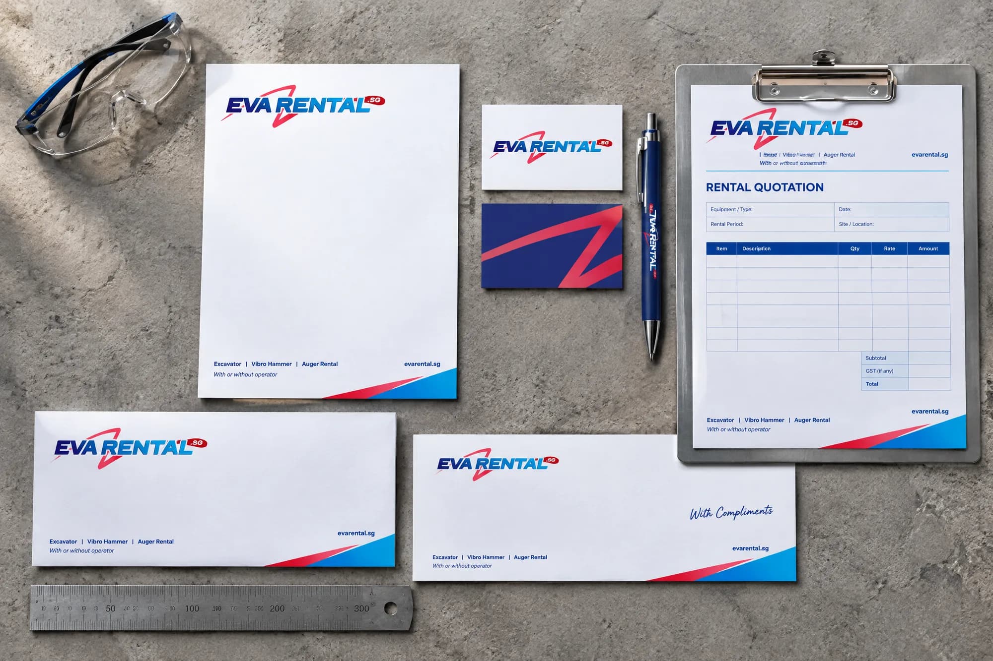 Stationery: letterhead, name cards, envelope, compliment slip and rental quotation.